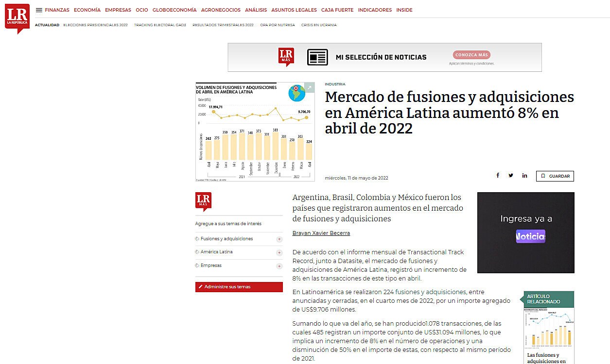 Mercado de fusiones y adquisiciones en Amrica Latina aument 8% en abril de 2022